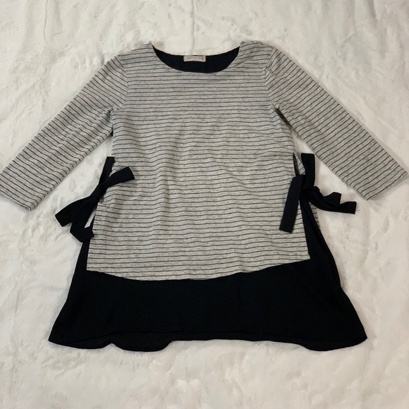 *Pebble & Stone Pullover Stripe Top Gray Black Small Side Tie Sheer Trim Casual - Picture 8 of 8